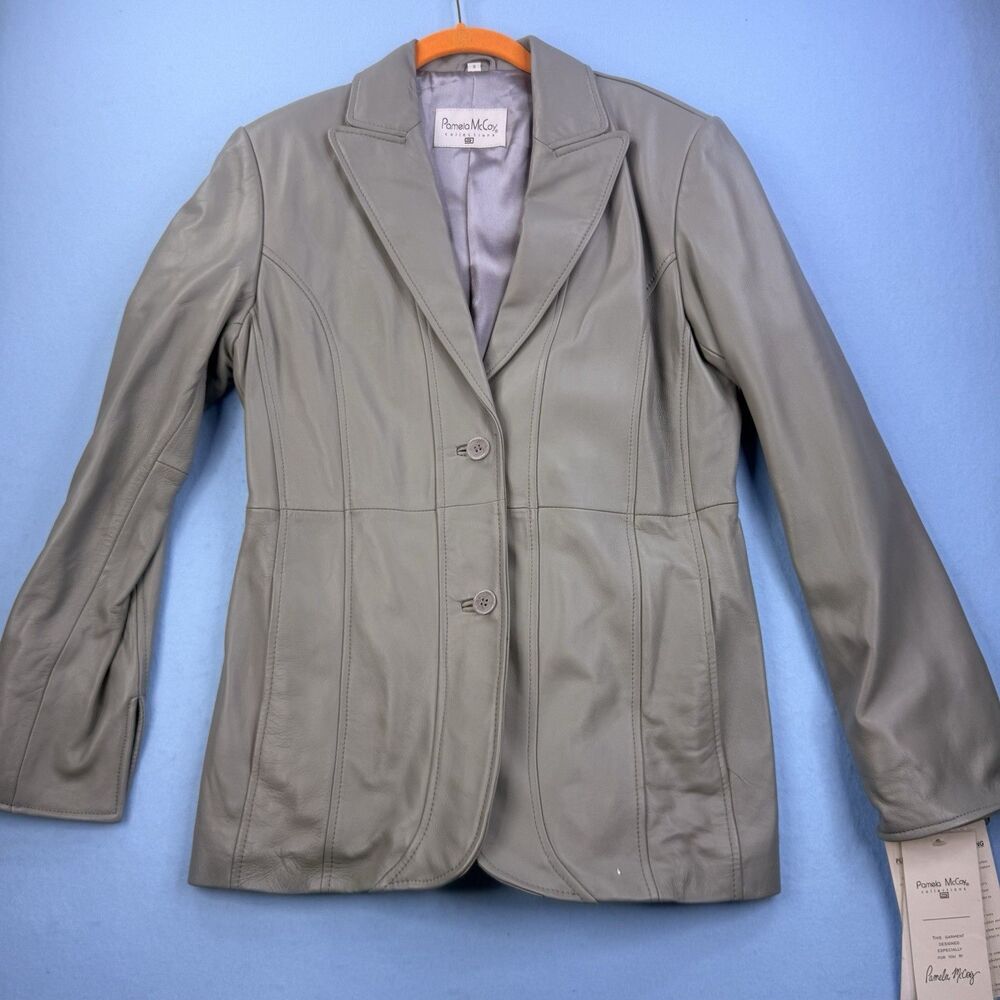 VTG Pamela McCoy Leather Blazer Jacket Womens Size S Gray Genuine Leather 1163